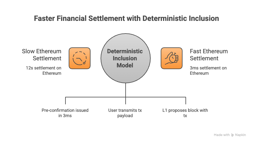 Faster Financial Settlement with Deterministic Inclusion